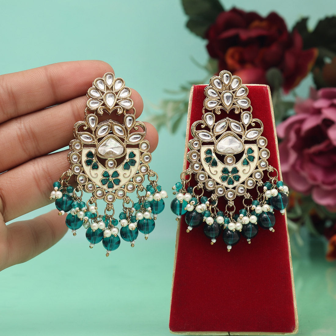 Turquoise Blue Color Meena Work Kundan Earrings (KDE1029TBLU)