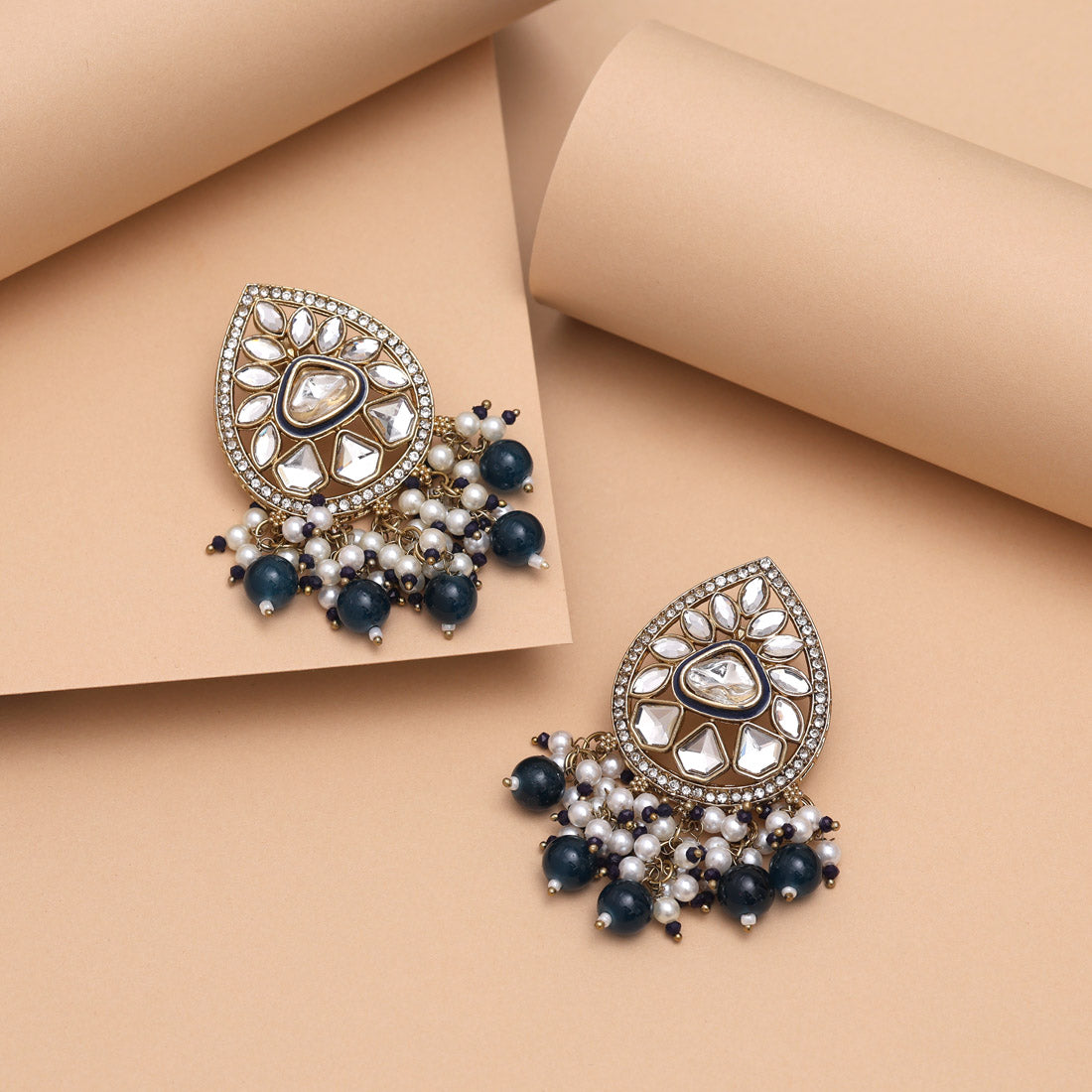 Navy Blue Color Meena Work Kundan Earrings (KDE1030NBLU)
