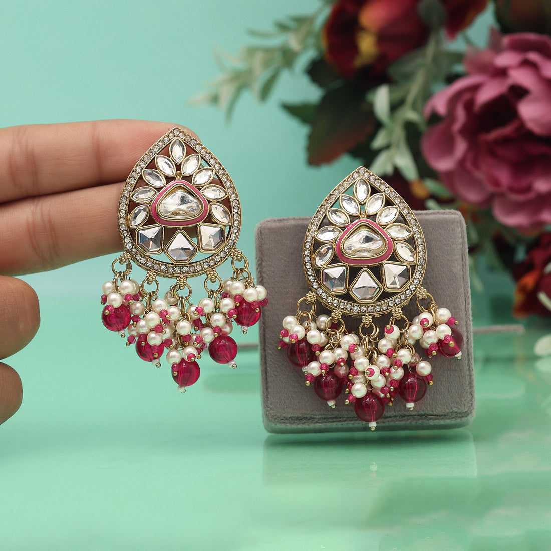 Rani Color Meena Work Kundan Earrings (KDE1030RNI)