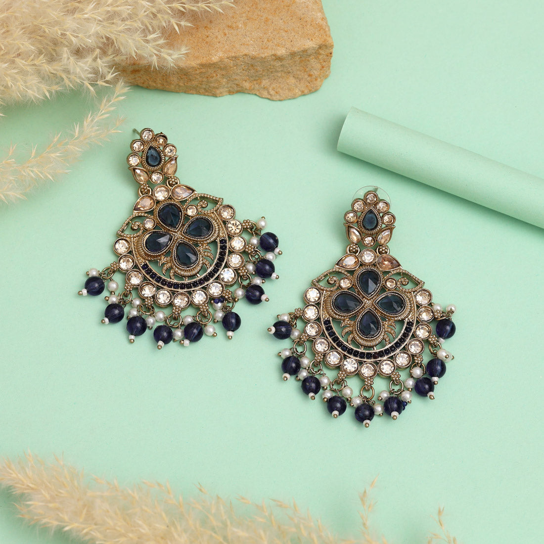 Blue Color Kundan Earrings
