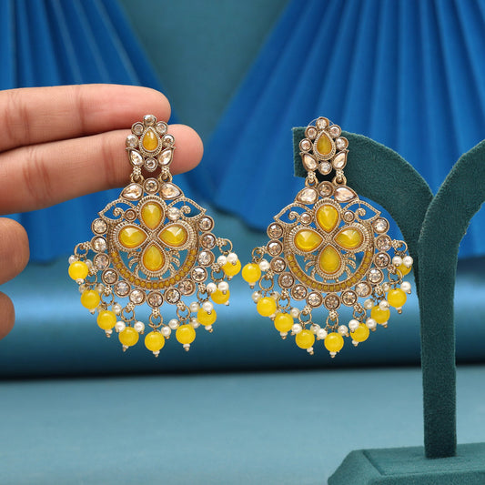 Yellow Color Kundan Earrings