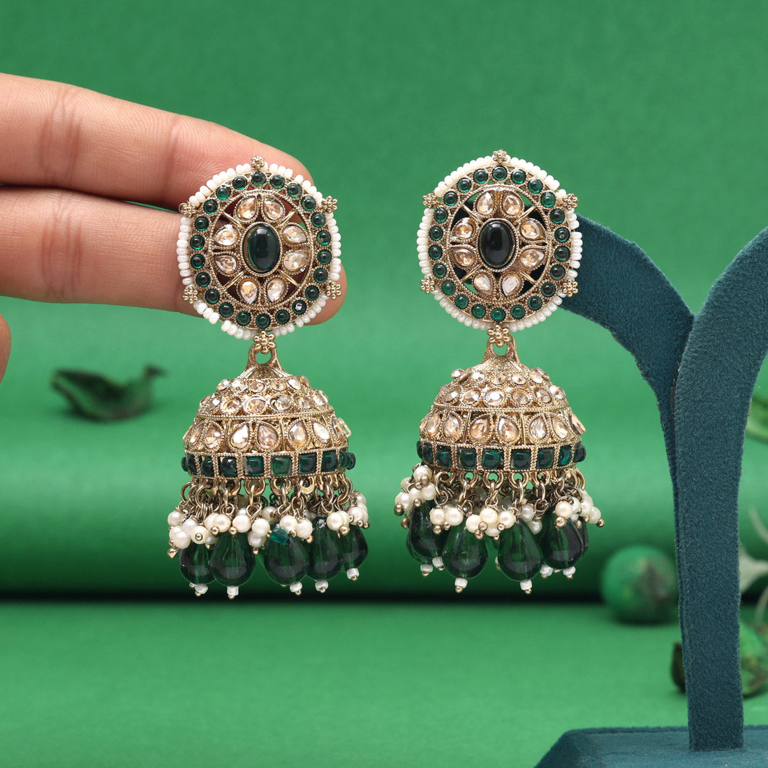 Green Color Kundan Earrings