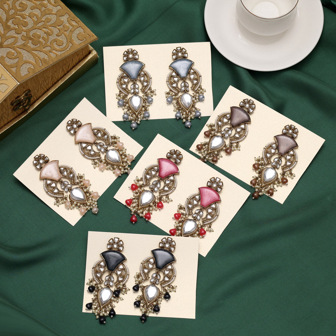 Assorted Color 5 Pairs Meena Work Kundan Earrings Combo (KDE128CMB)
