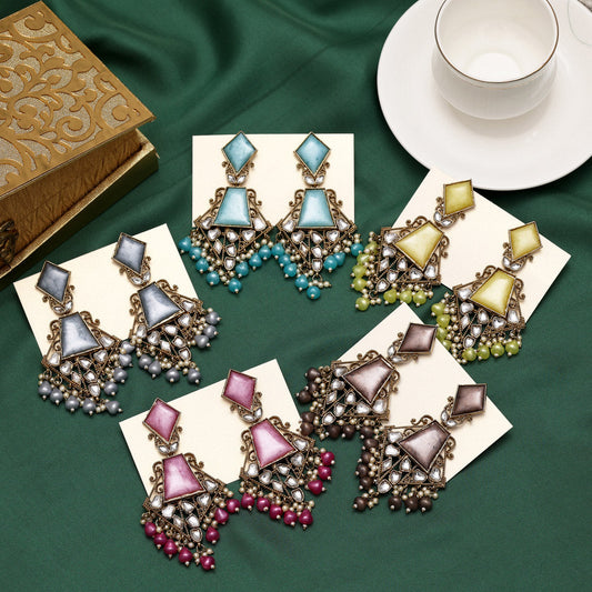 Assorted Color 5 Pairs Meena Work Kundan Earrings Combo (KDE129CMB)