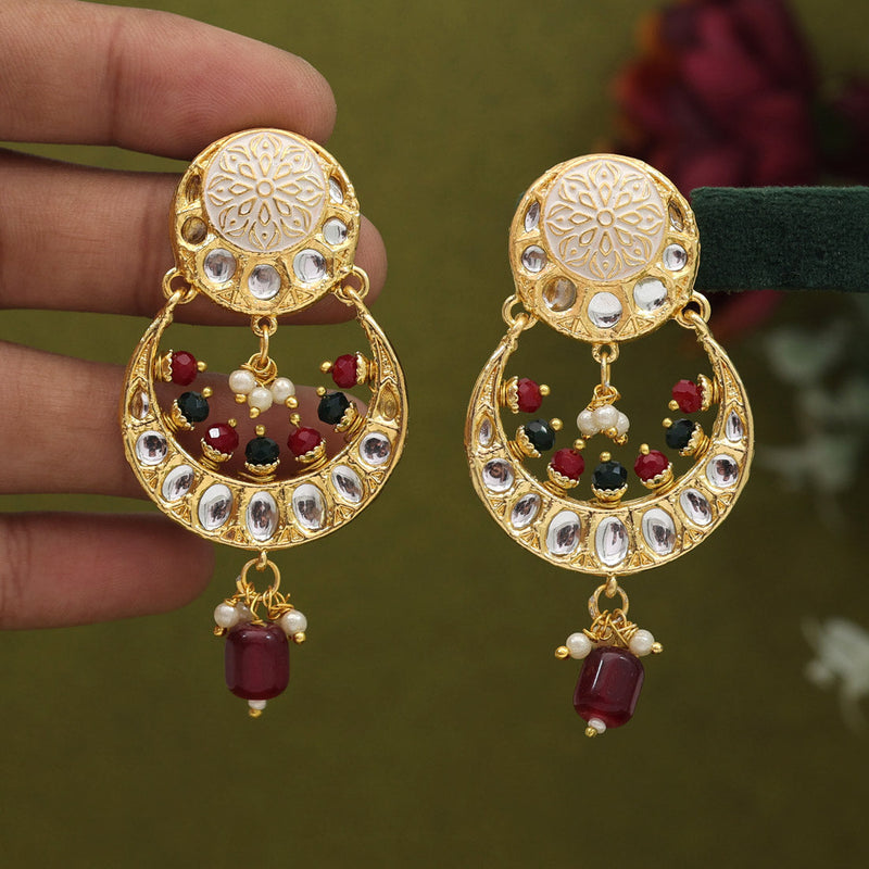 Maroon & Green Color Kundan Earrings (KDE886MG)