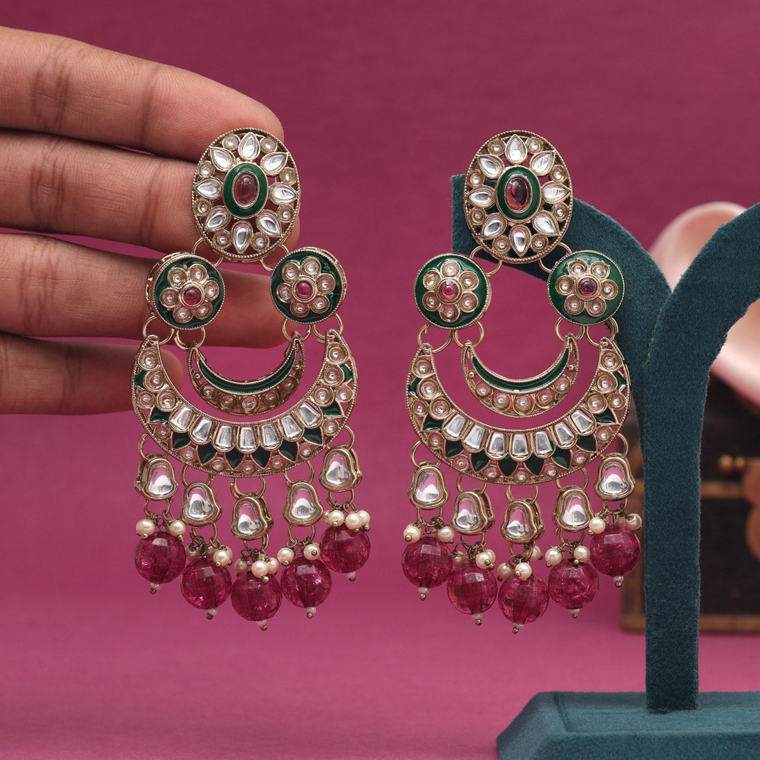 Magenta Color Kundan Earrings (KDE938MNT)