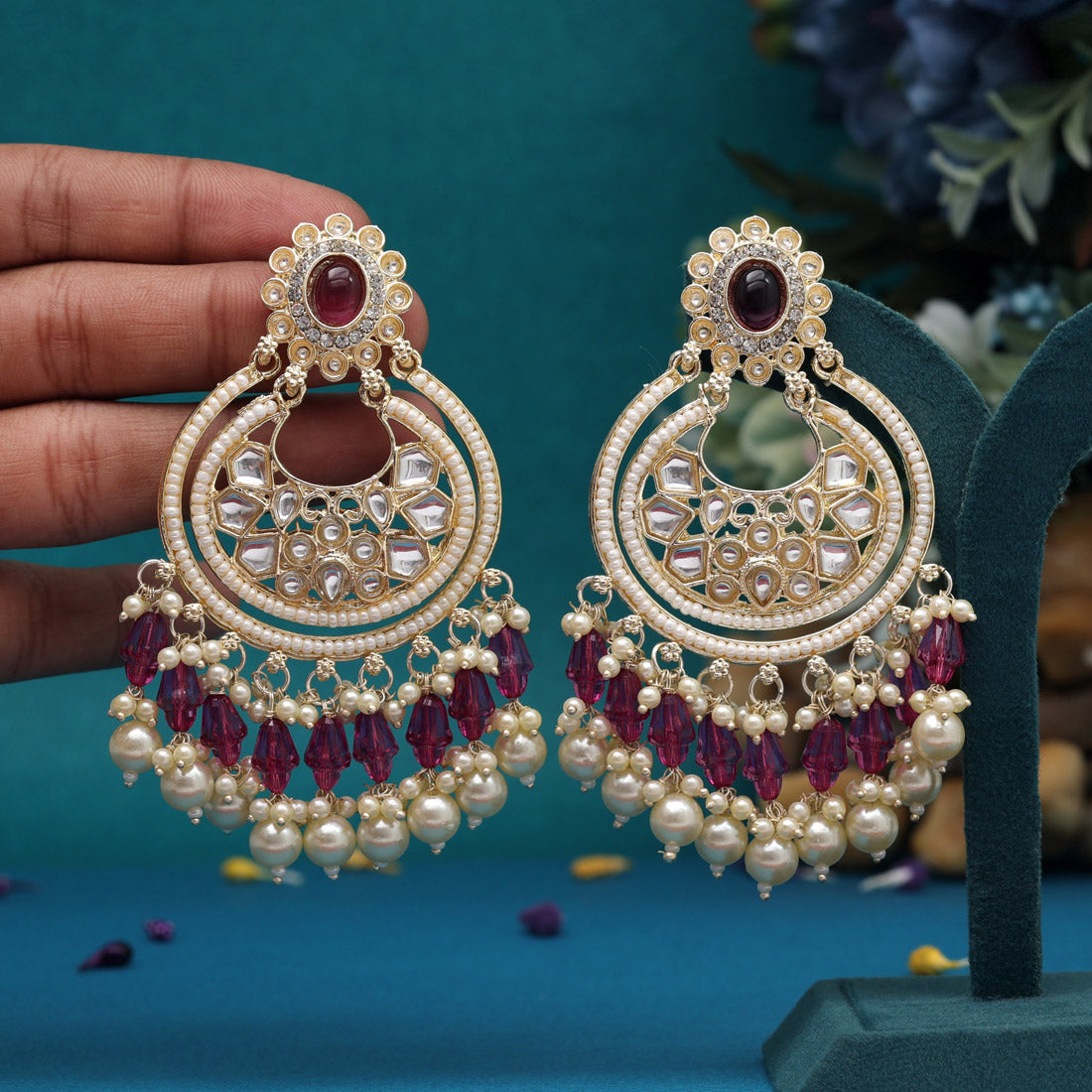 Magenta Color Kundan Earrings (KDE939MNT)