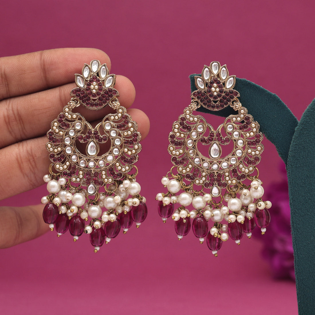 Magenta Color Kundan Earrings (KDE951MNT)