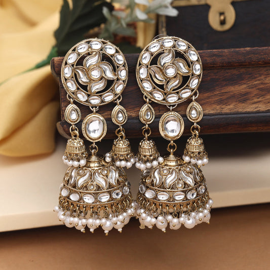 White Color Big Size Jhumka Kundan Earrings (KDE958WHT)