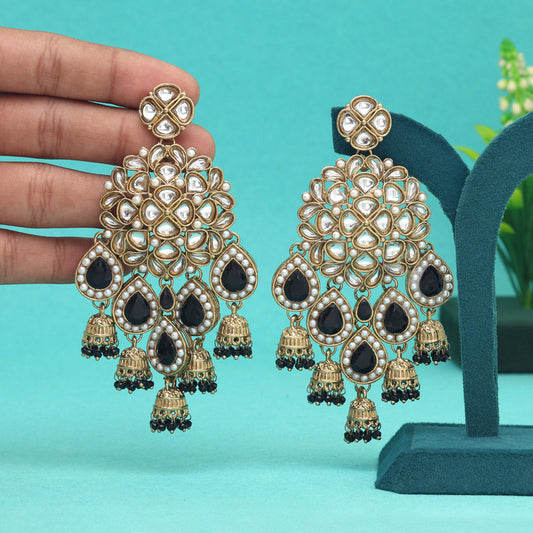 Black Color Kundan Earrings (KDE959BLK)