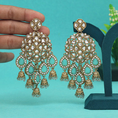 Pista Green Color Kundan Earrings (KDE959PGRN)