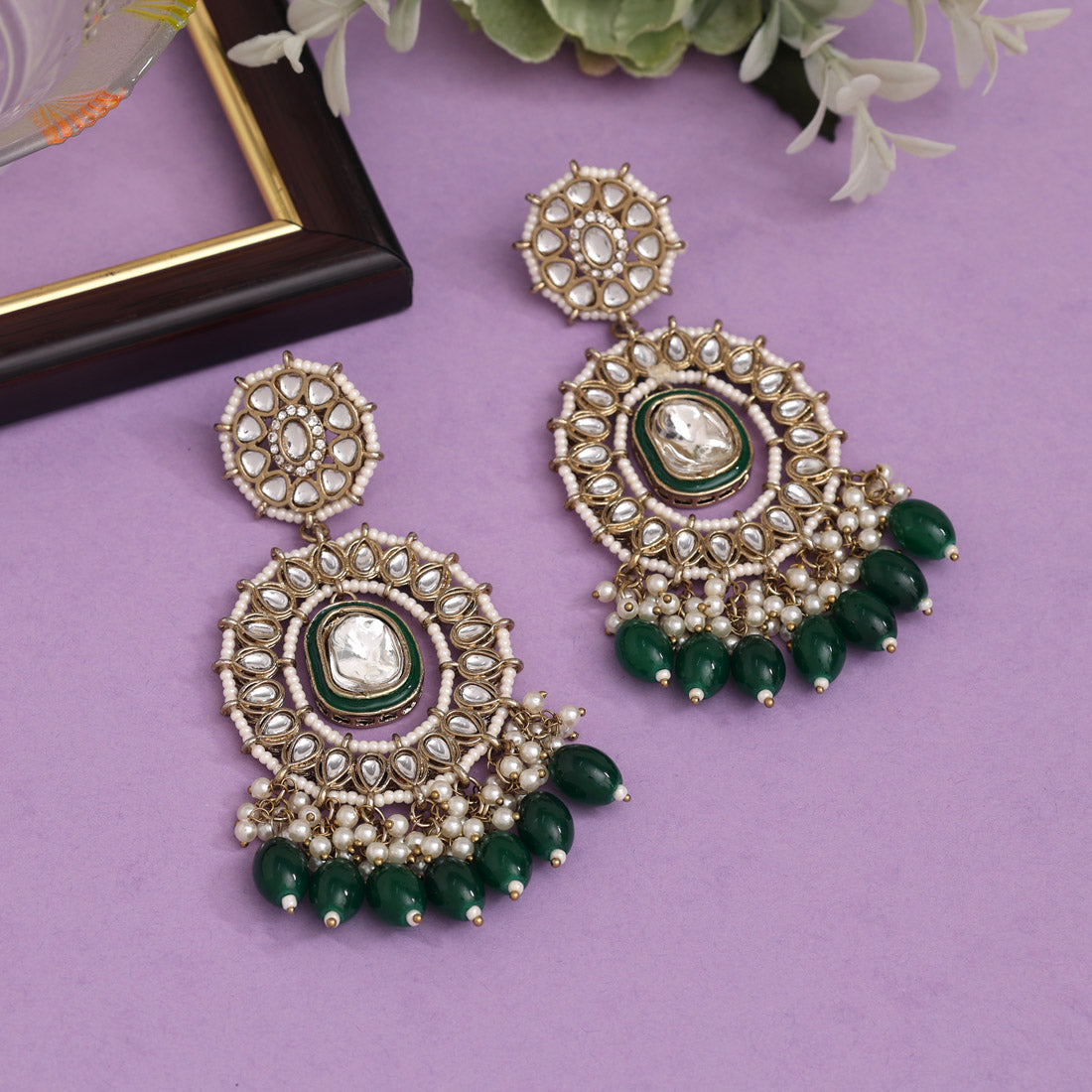 Green Color Kundan Earrings (KDE963GRN)