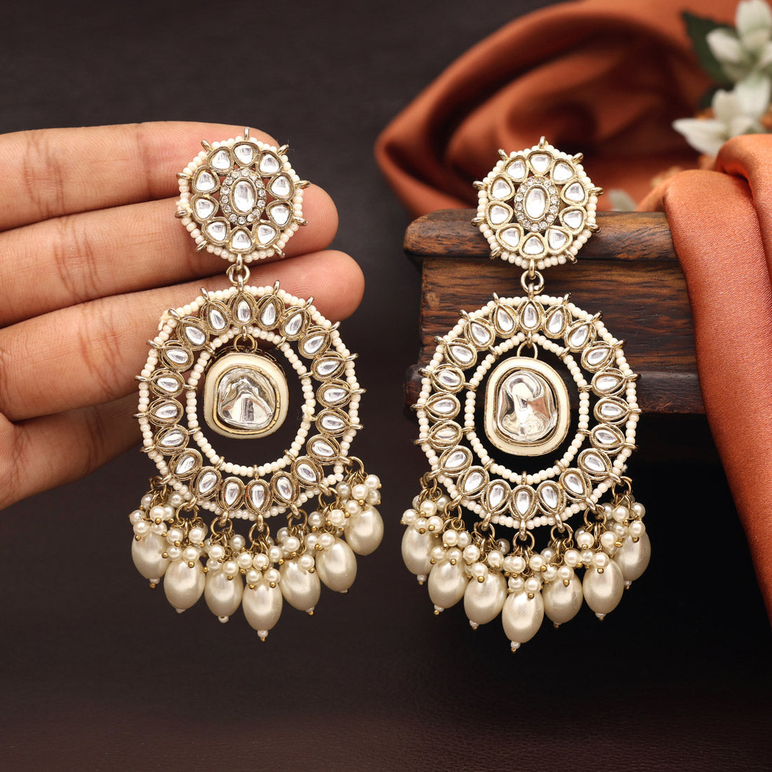 White Color Kundan Earrings (KDE963WHT)