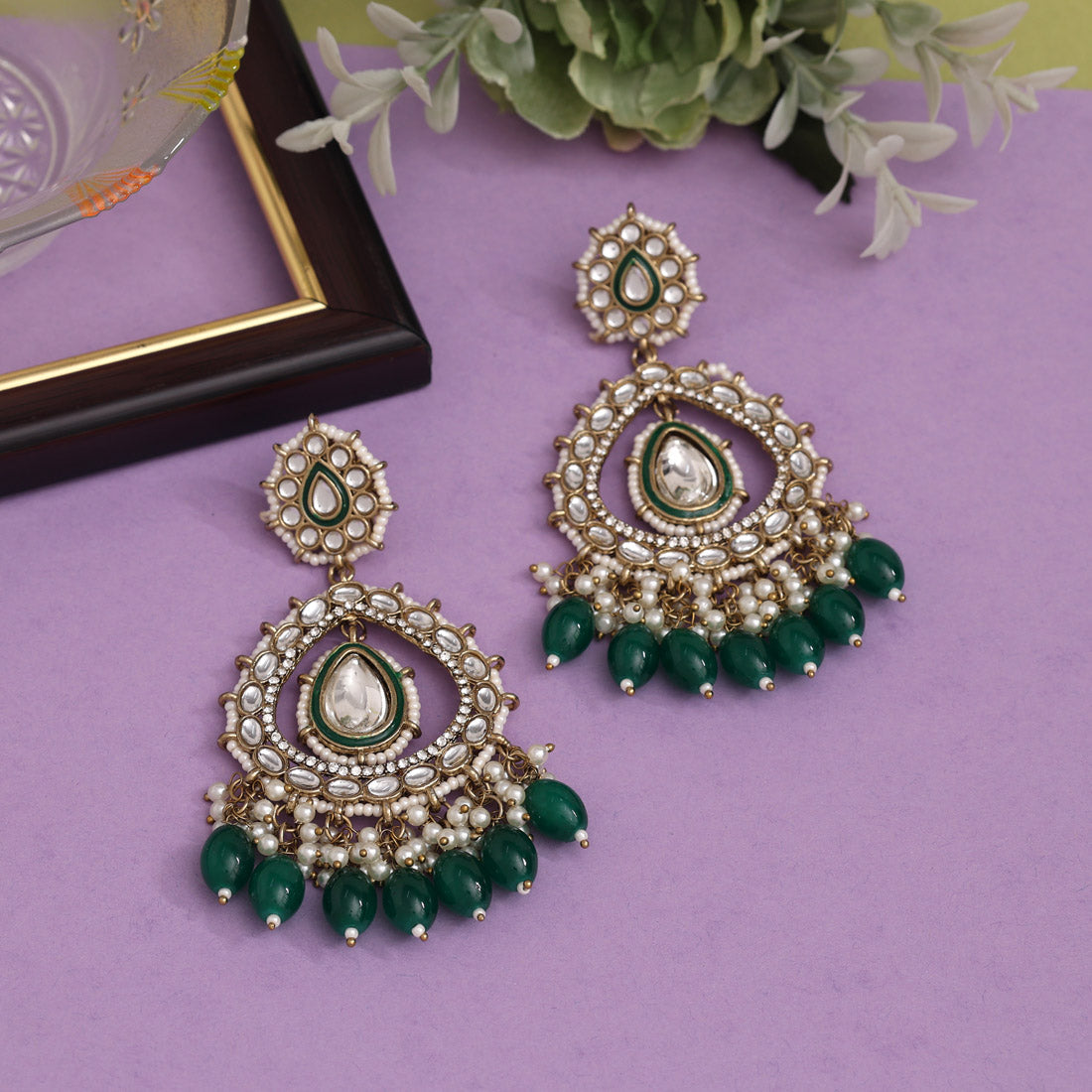 Green Color Kundan Earrings (KDE964GRN)