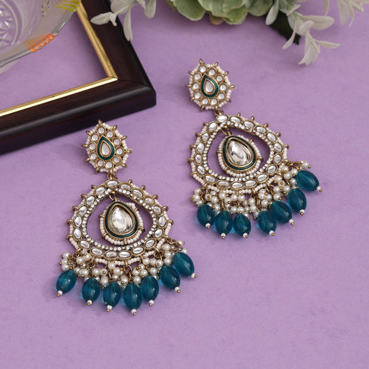 Turquoise Blue Color Kundan Earrings (KDE964TBLU)