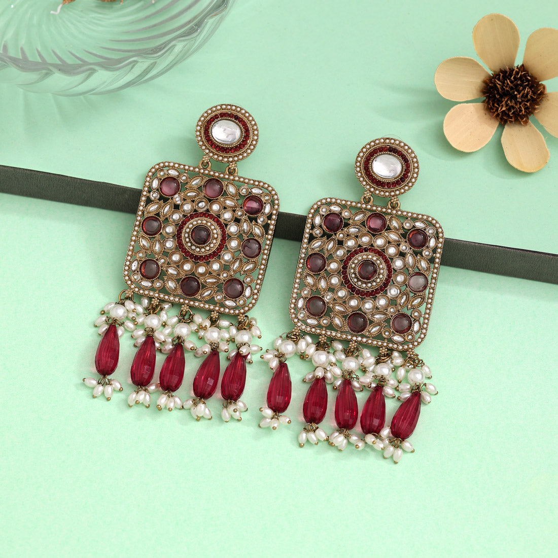 Magenta Color Kundan Earrings (KDE966MNT)