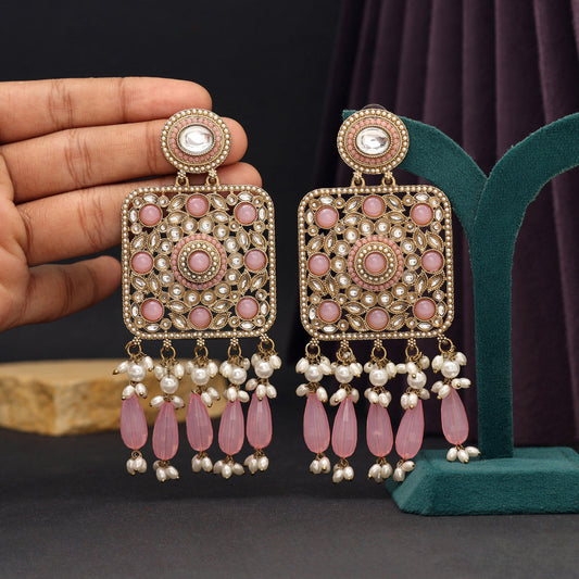 Pink Color Kundan Earrings (KDE966PNK)