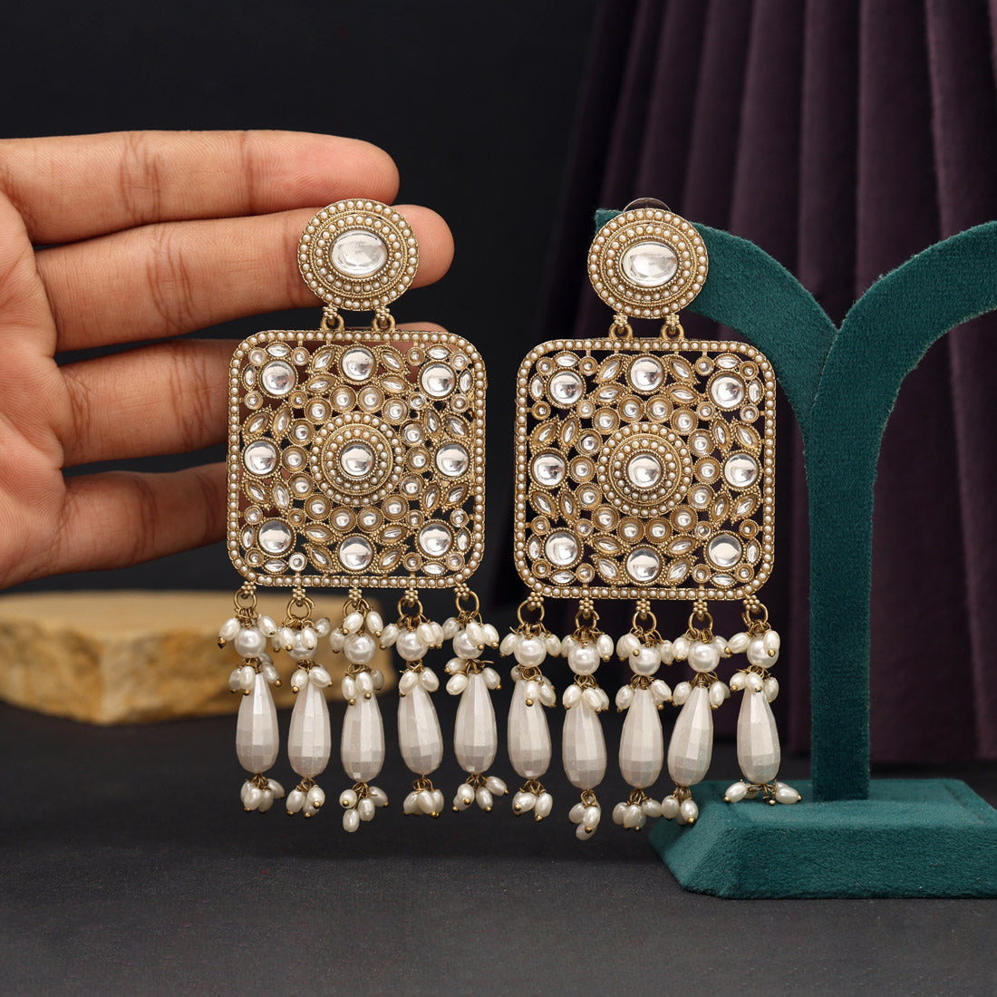 White Color Kundan Earrings (KDE966WHT)