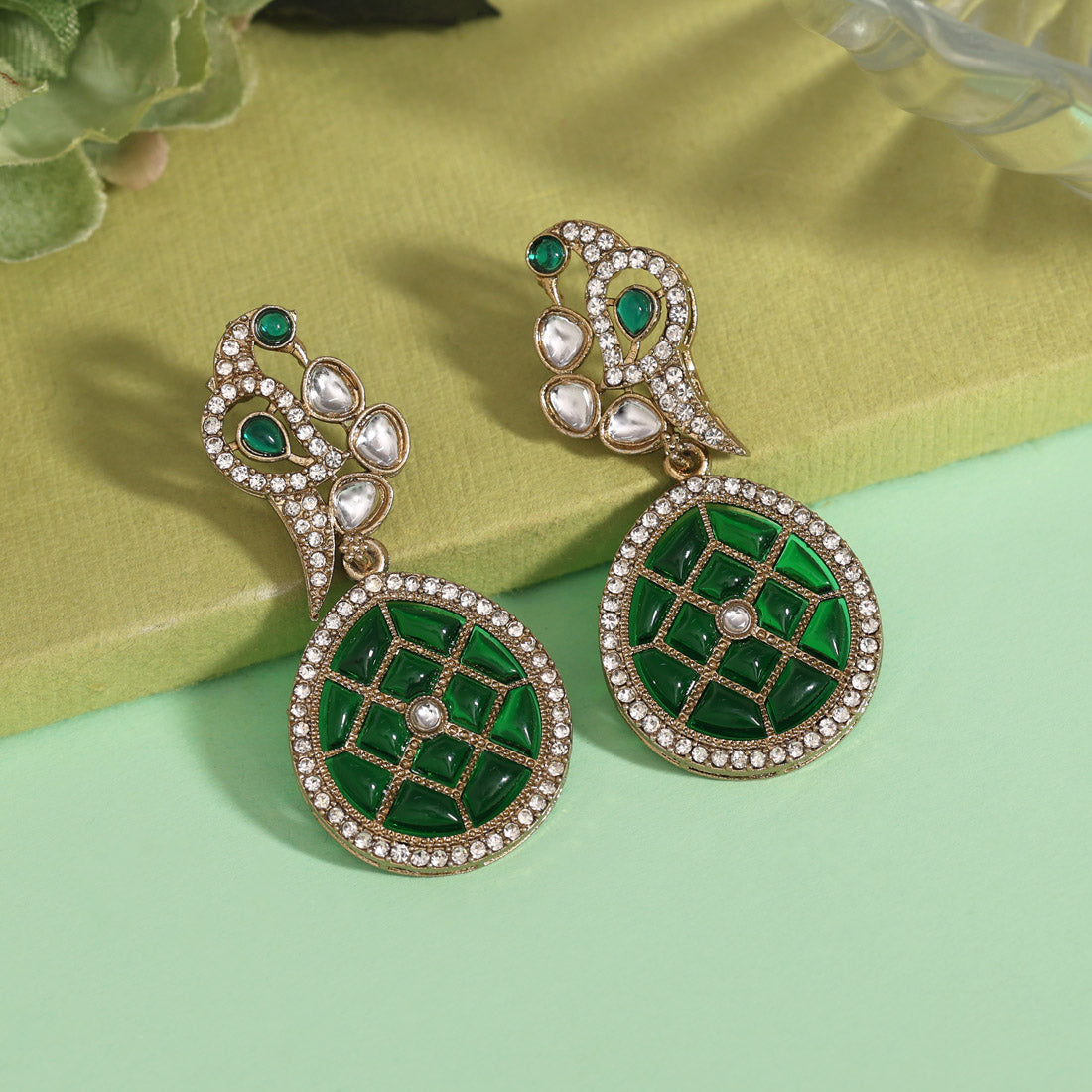 Green Color Kundan Earrings (KDE971GRN)