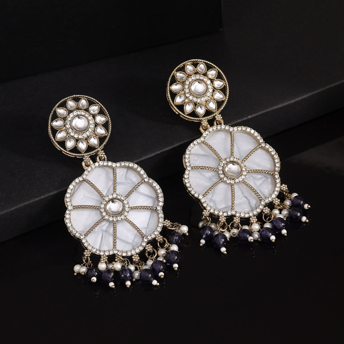 Blue Color Mother Of Pearl Kundan Earrings (KDE973BLU)