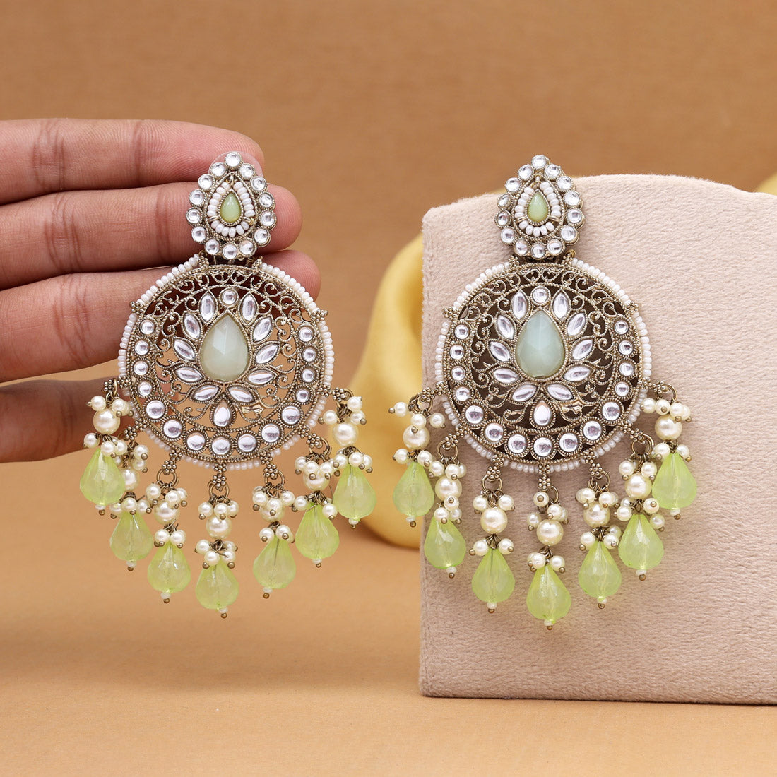 Pista Green Color Kundan Earrings (KDE974PGRN)