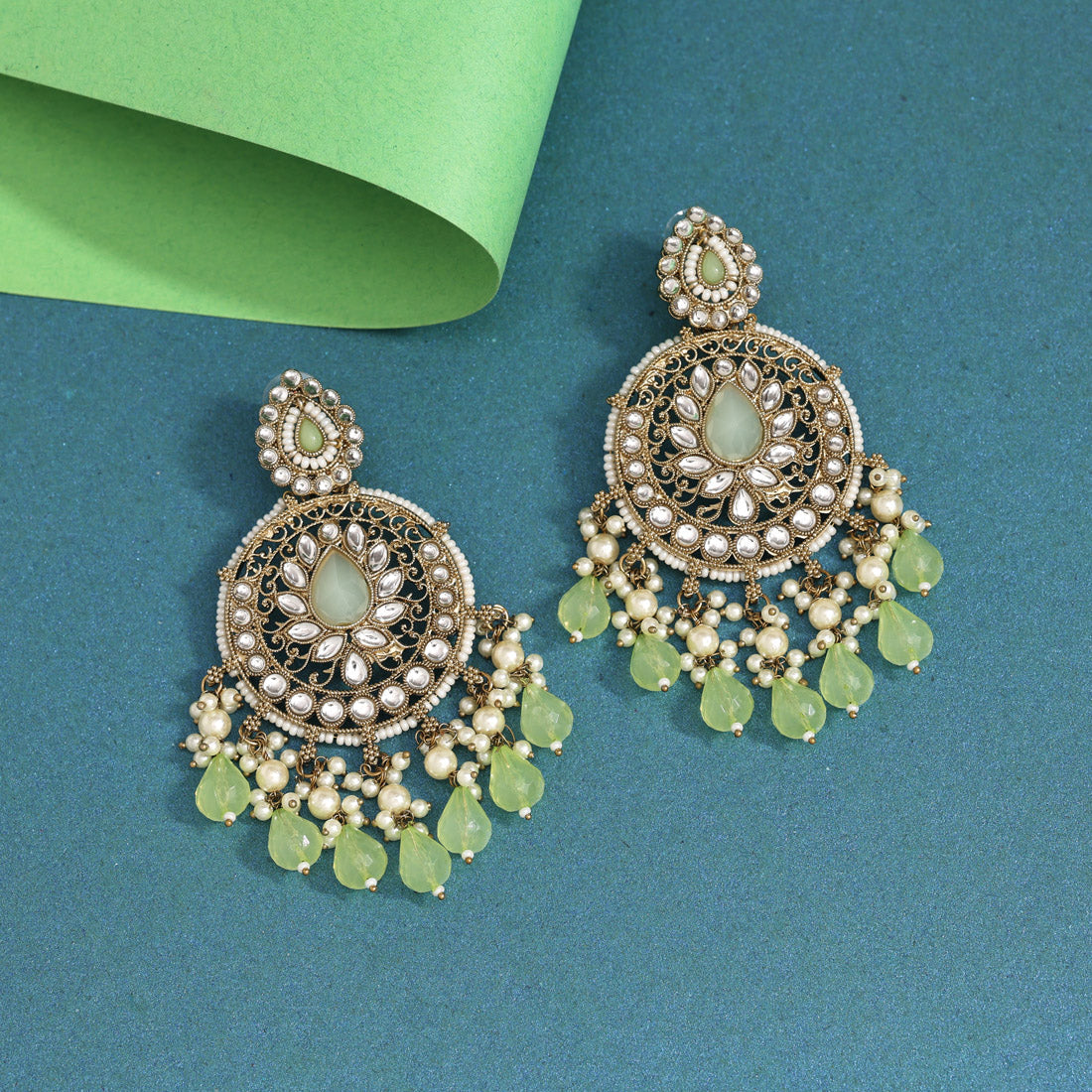 Pista Green Color Kundan Earrings (KDE974PGRN)