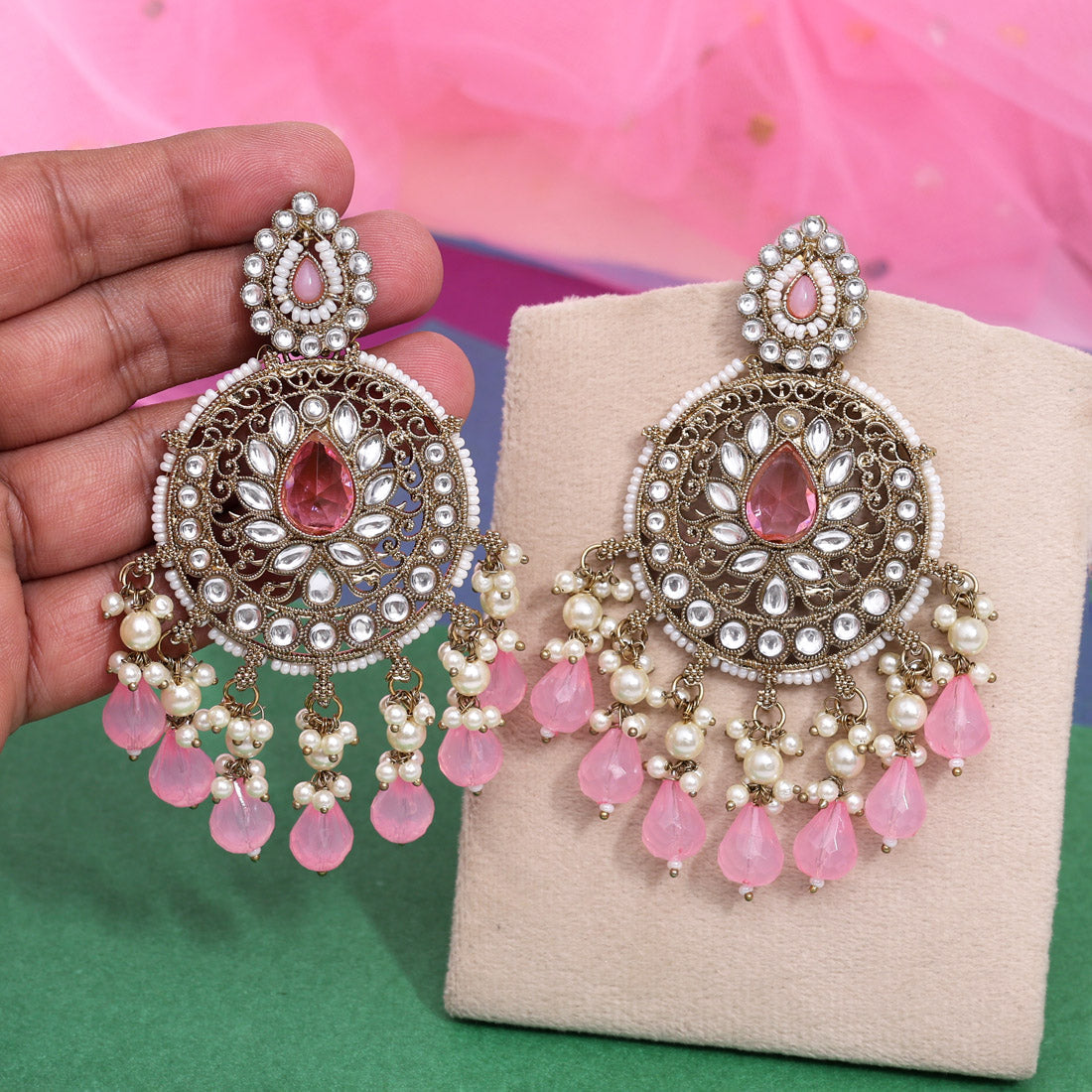 Pink Color Kundan Earrings (KDE974PNK)