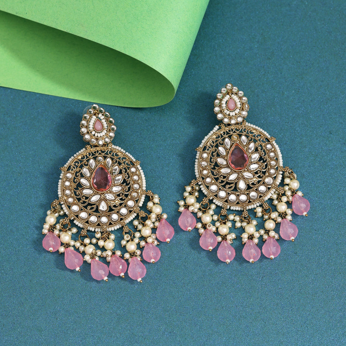Pink Color Kundan Earrings (KDE974PNK)