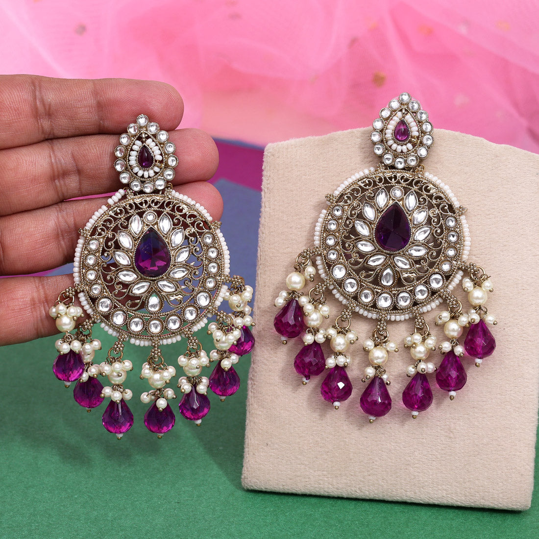 Purple Color Kundan Earrings (KDE974PRP)
