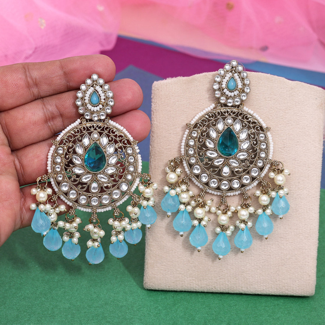 Sky Blue Color Kundan Earrings (KDE974SBLU)