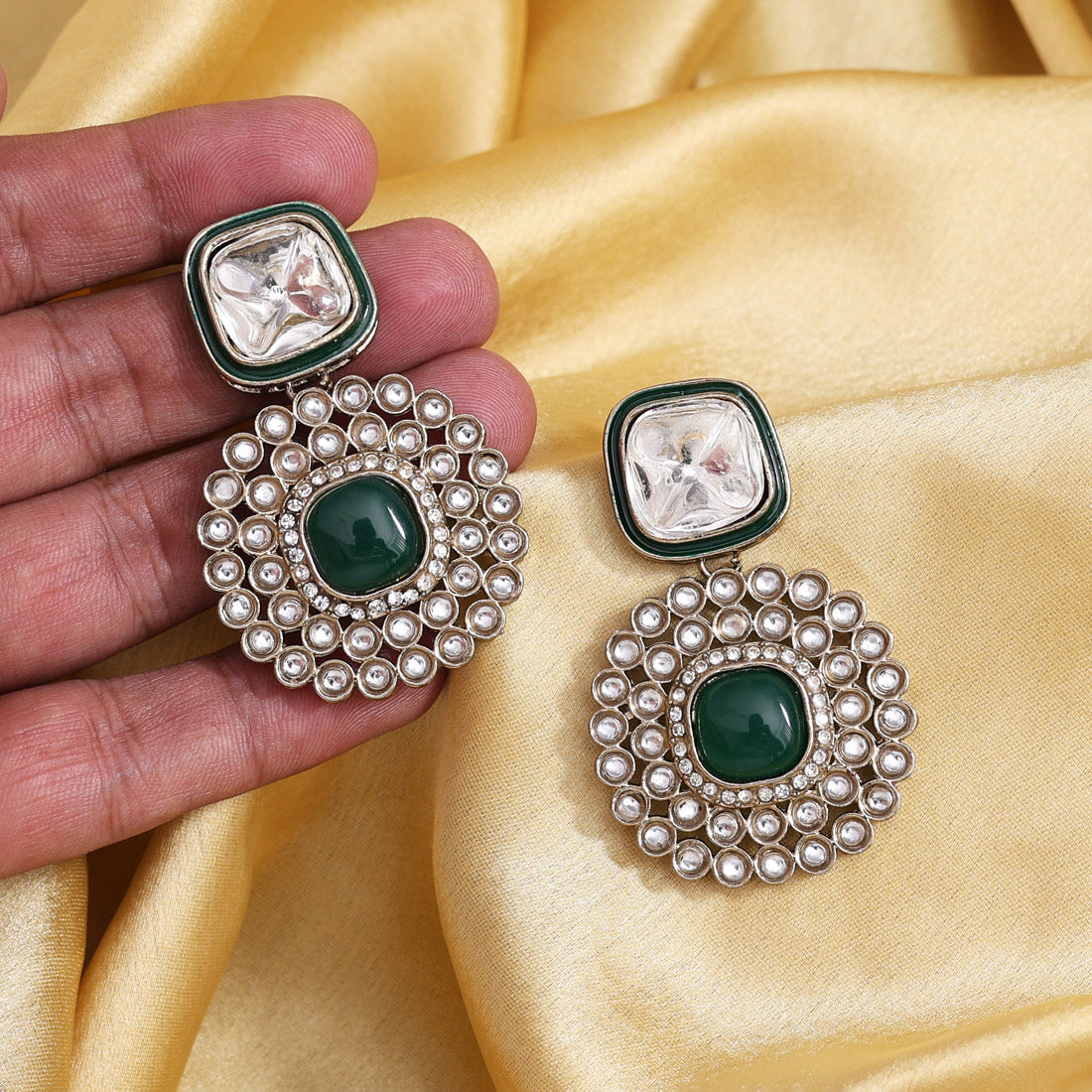 Green Color Moissanite Kundan Earrings (KDE975GRN)