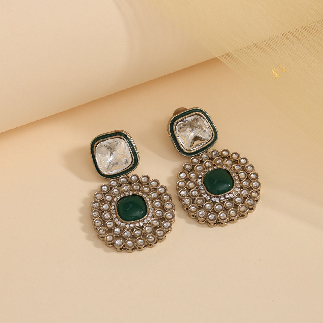 Green Color Moissanite Kundan Earrings (KDE975GRN)