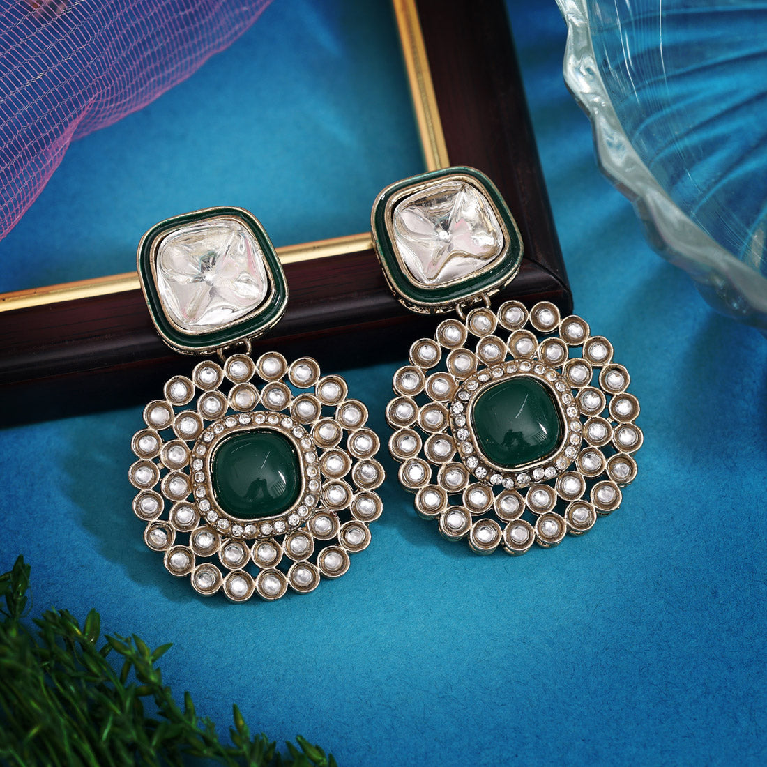 Green Color Moissanite Kundan Earrings (KDE975GRN)