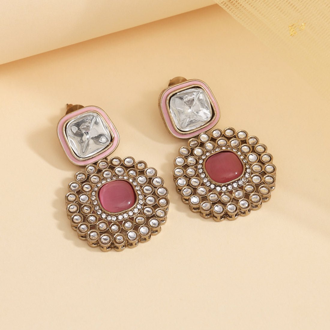 Pink Color Moissanite Kundan Earrings (KDE975PNK)