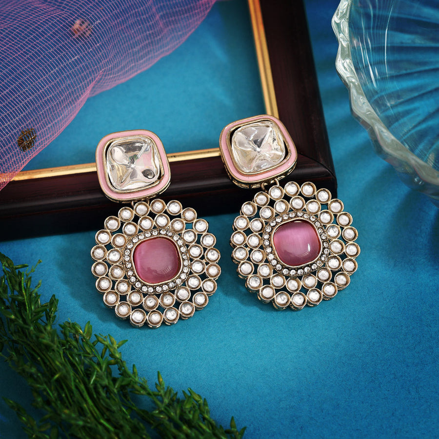 Pink Color Moissanite Kundan Earrings (KDE975PNK)