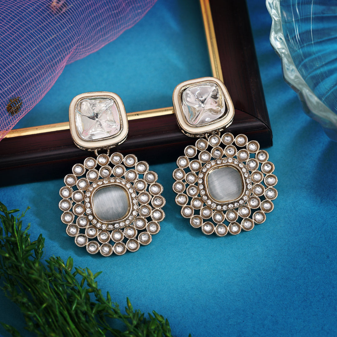 White Color Moissanite Kundan Earrings (KDE975WHT)