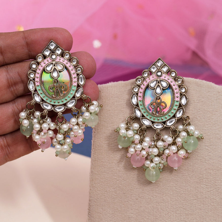 Pink & Pista Green Color Kundan Earrings (KDE976PNKPGRN)