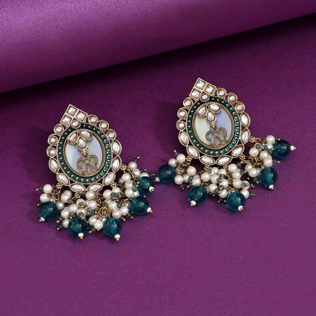 Turquoise Blue Color Kundan Earrings (KDE976TBLU)