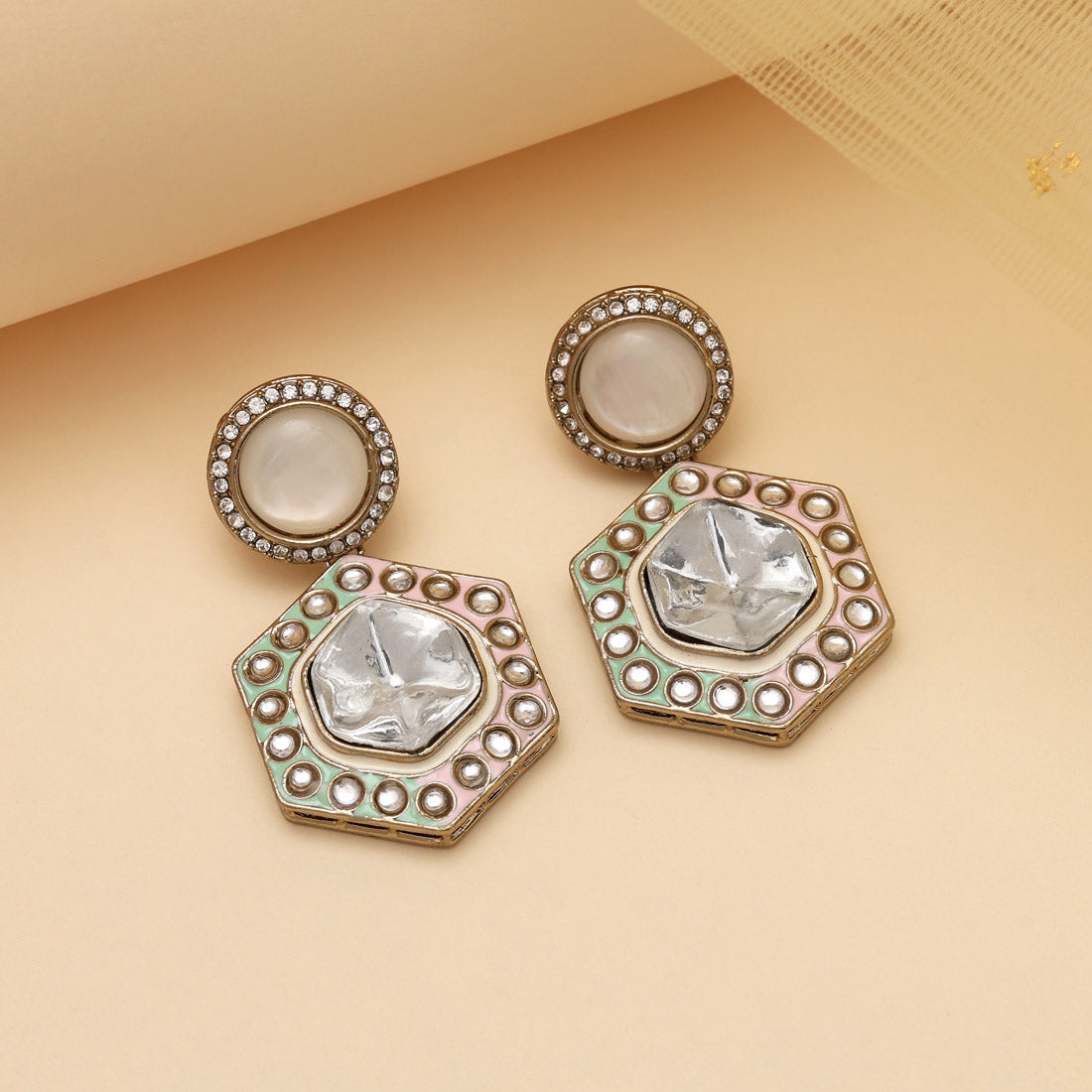 Pink & Pista Green Color Moissanite Kundan Earrings (KDE977PNKPGRN)