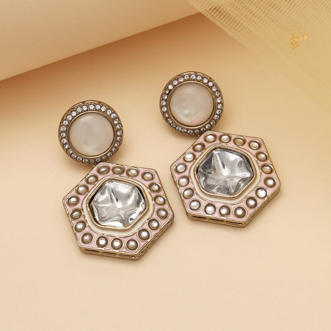 Pink Color Moissanite Kundan Earrings (KDE977PNK)