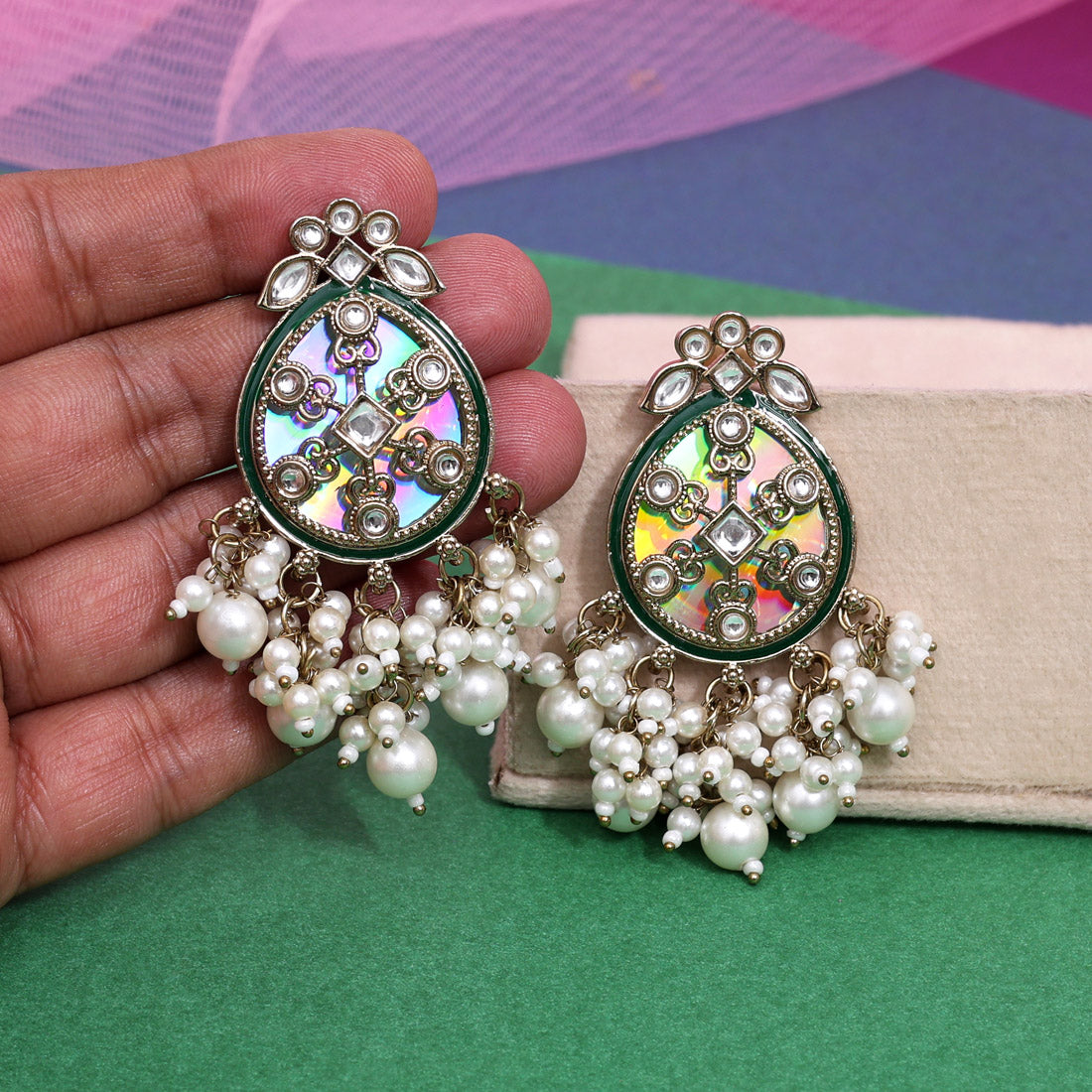 White Color Kundan Earrings (KDE978WHT)