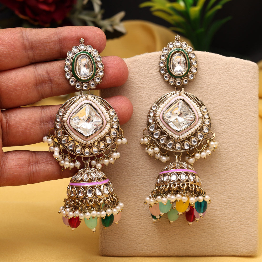 Multi Color Kundan Earrings (KDE983MLT)