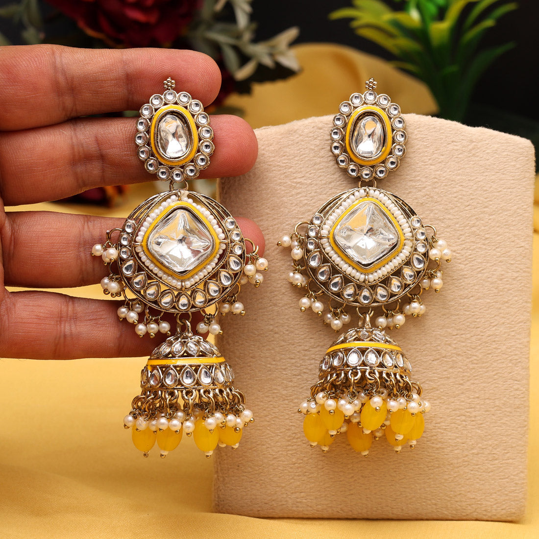 Yellow Color Kundan Earrings (KDE983YLW)
