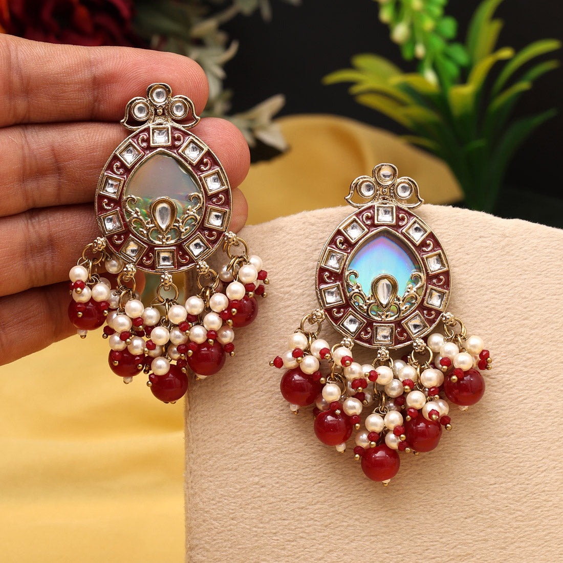 Maroon Color Meena Work Kundan Earrings (KDE984MRN)