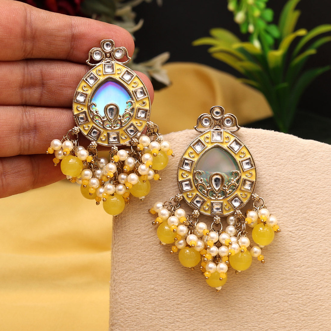 Yellow Color Meena Work Kundan Earrings (KDE984YLW)