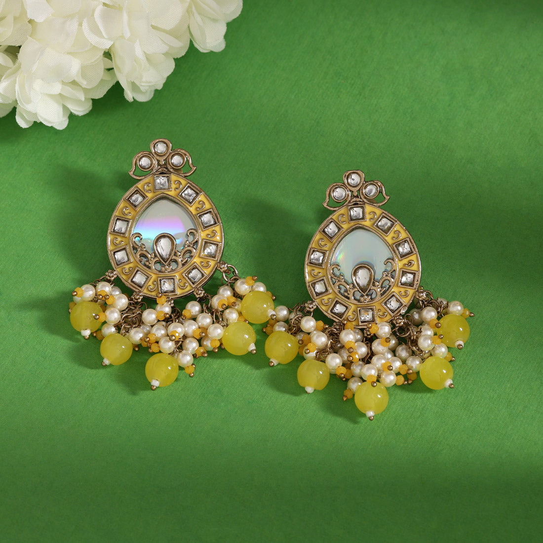 Yellow Color Meena Work Kundan Earrings (KDE984YLW)