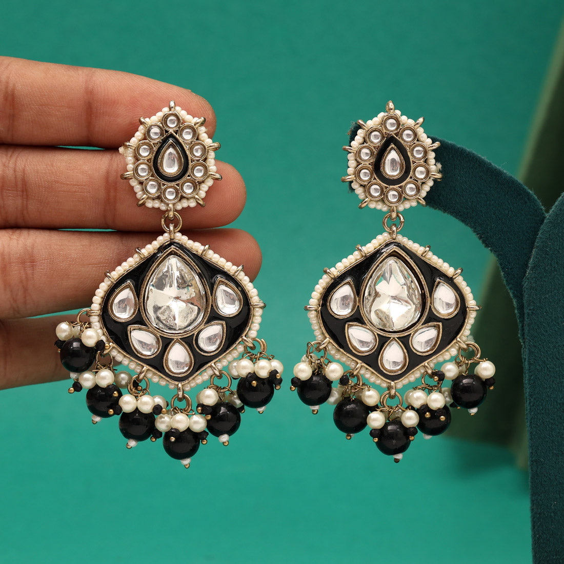 Black Color Kundan Meenakari Earrings (KDE985BLK)