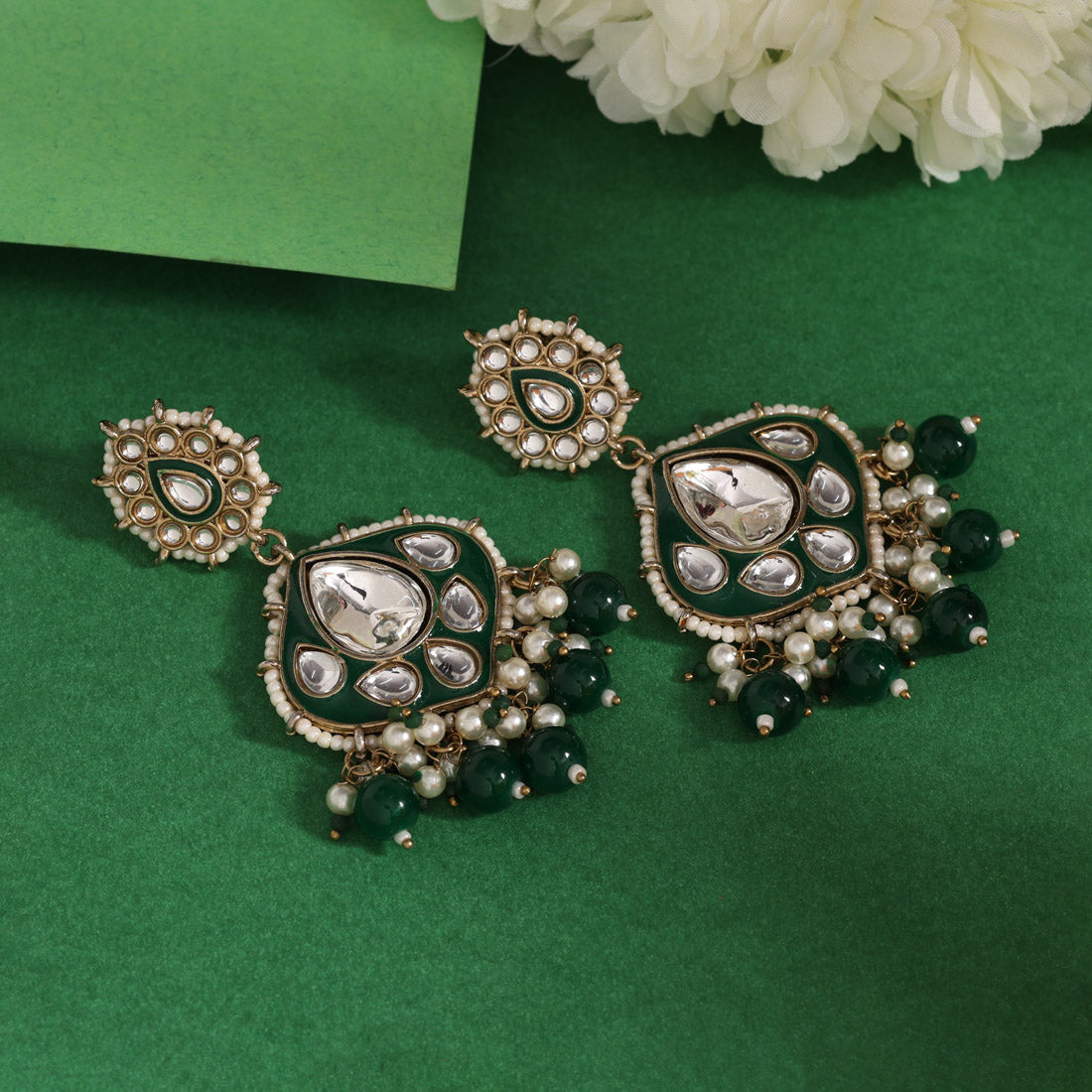 Green Color Kundan Meenakari Earrings (KDE985GRN)
