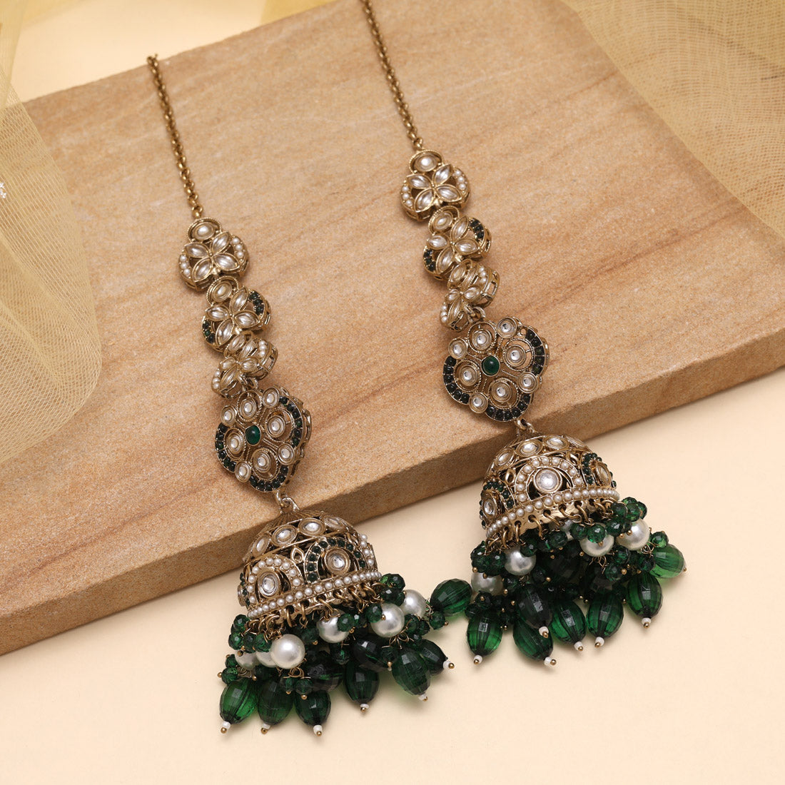 Green Color Big Size jhumka Kundan Earrings (KDE988GRN)