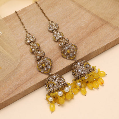Yellow Color Big Size jhumka Kundan Earrings (KDE988YLW)